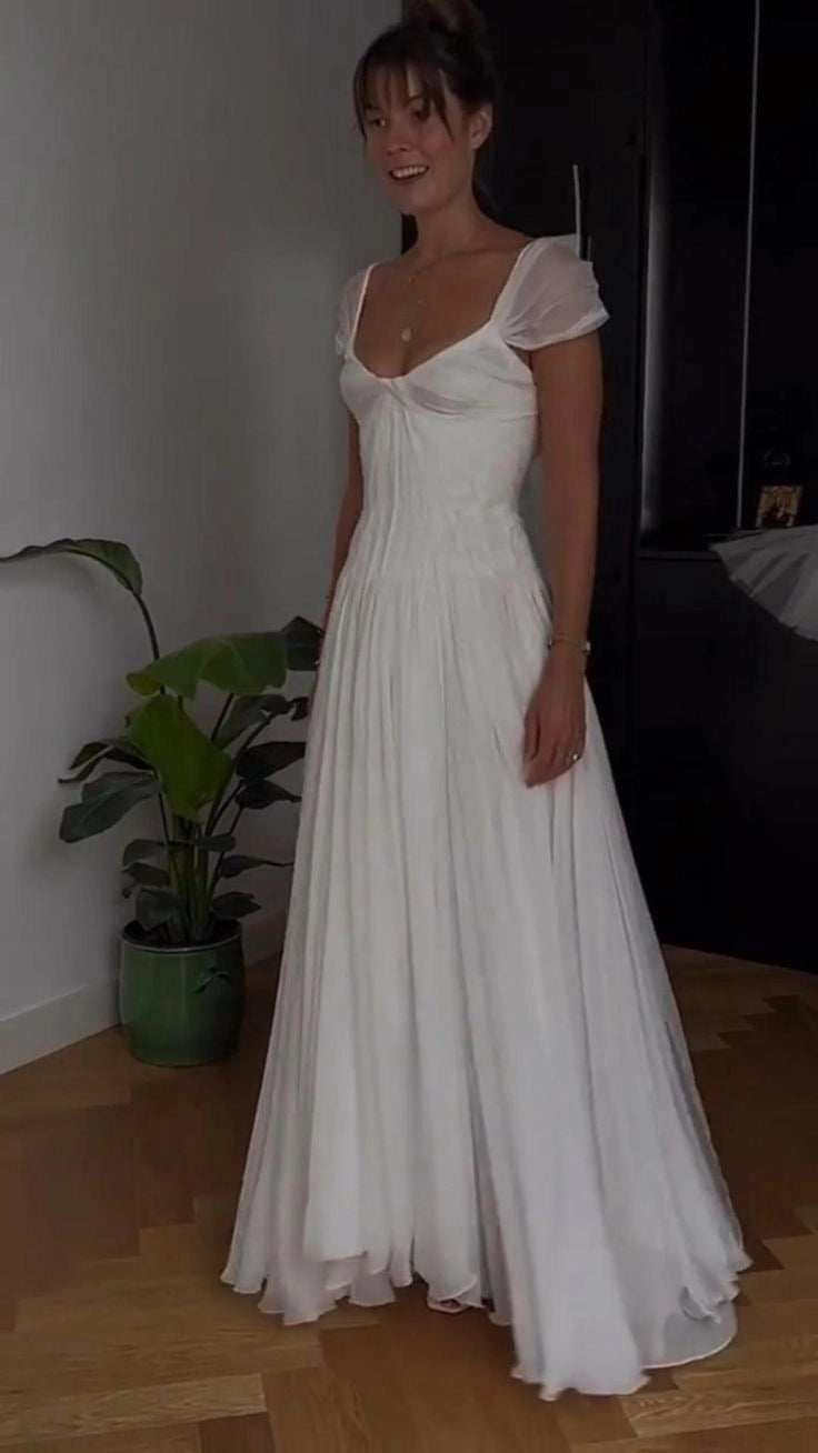 Soft Minimal Flowy A-Line Square Neck Short Puff Sleeve Low Back Court Train Bridal Wedding Dress
