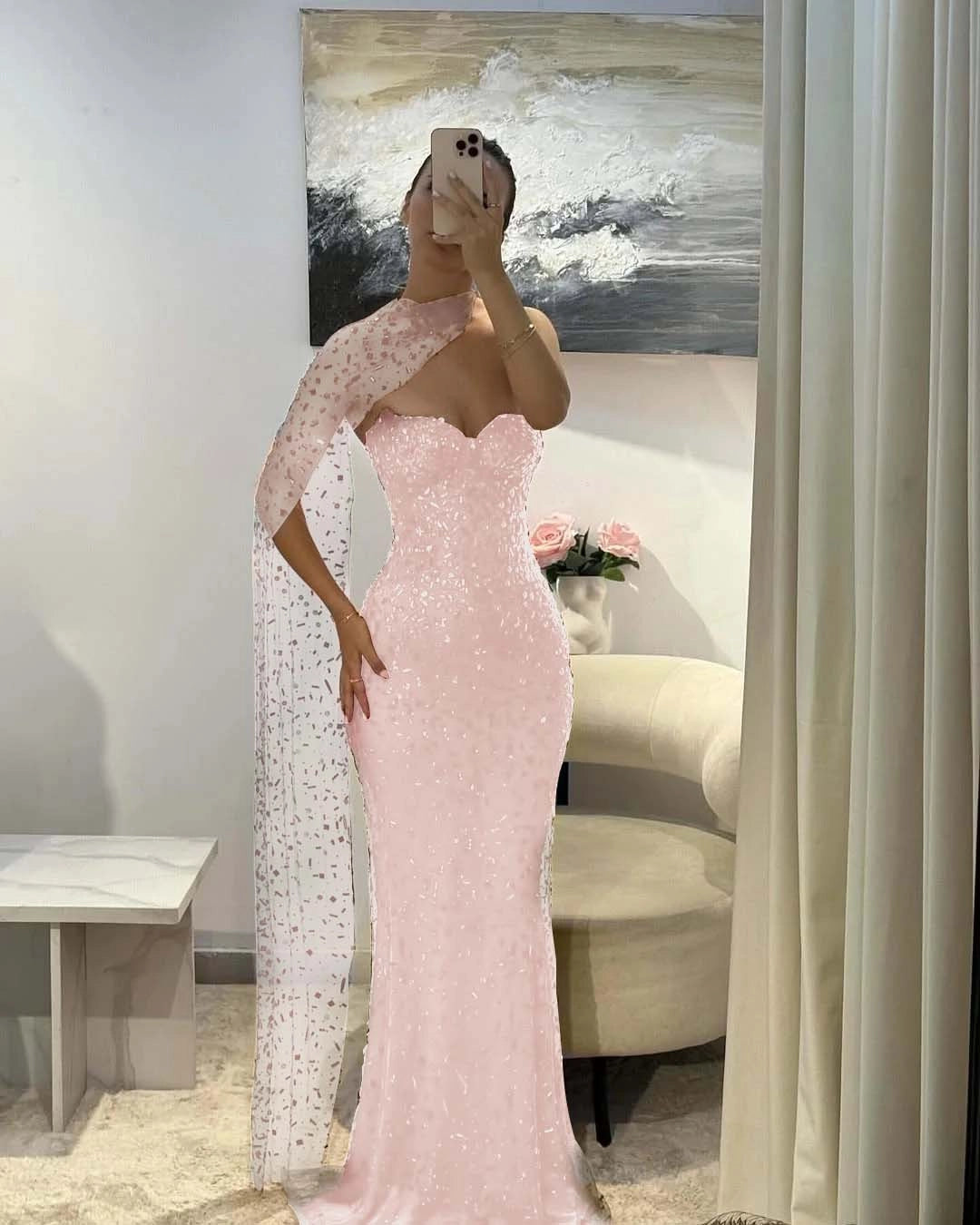 Sparkly Mermaid Sweetheart One‑Sleeve Open‑Back Long Prom Dress