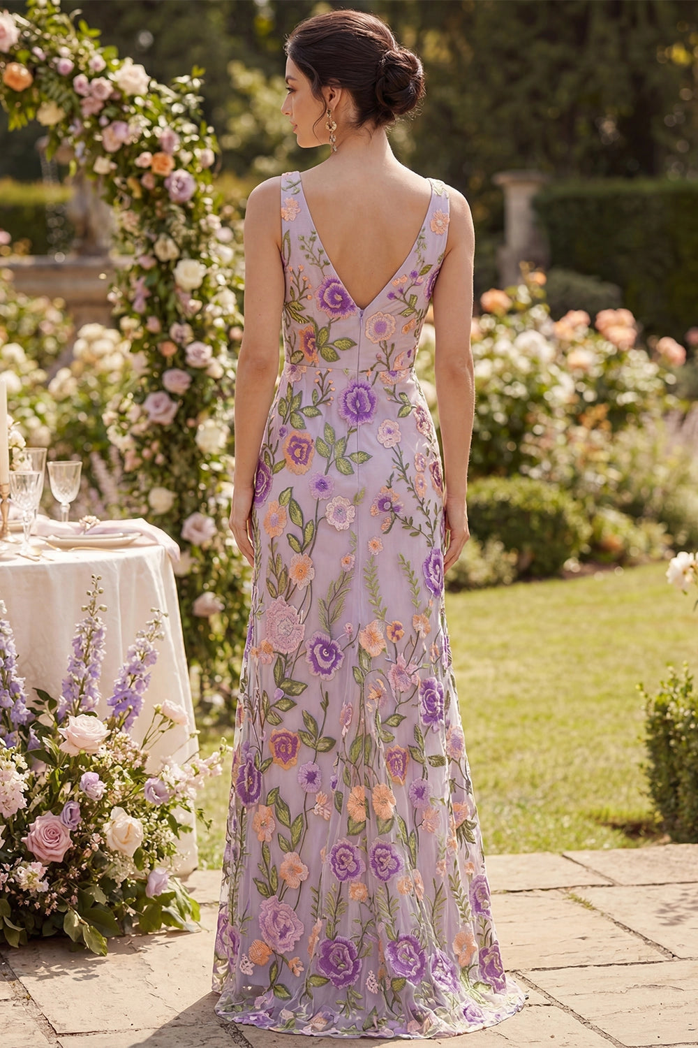 Vedress tulle deep v back sleeveless embroidered bridesmaid gown outdoor garden back view