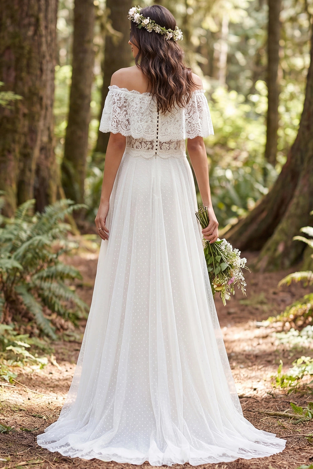 Vedress covered button back lace top dotted tulle wedding dress sweep train forest outdoor view