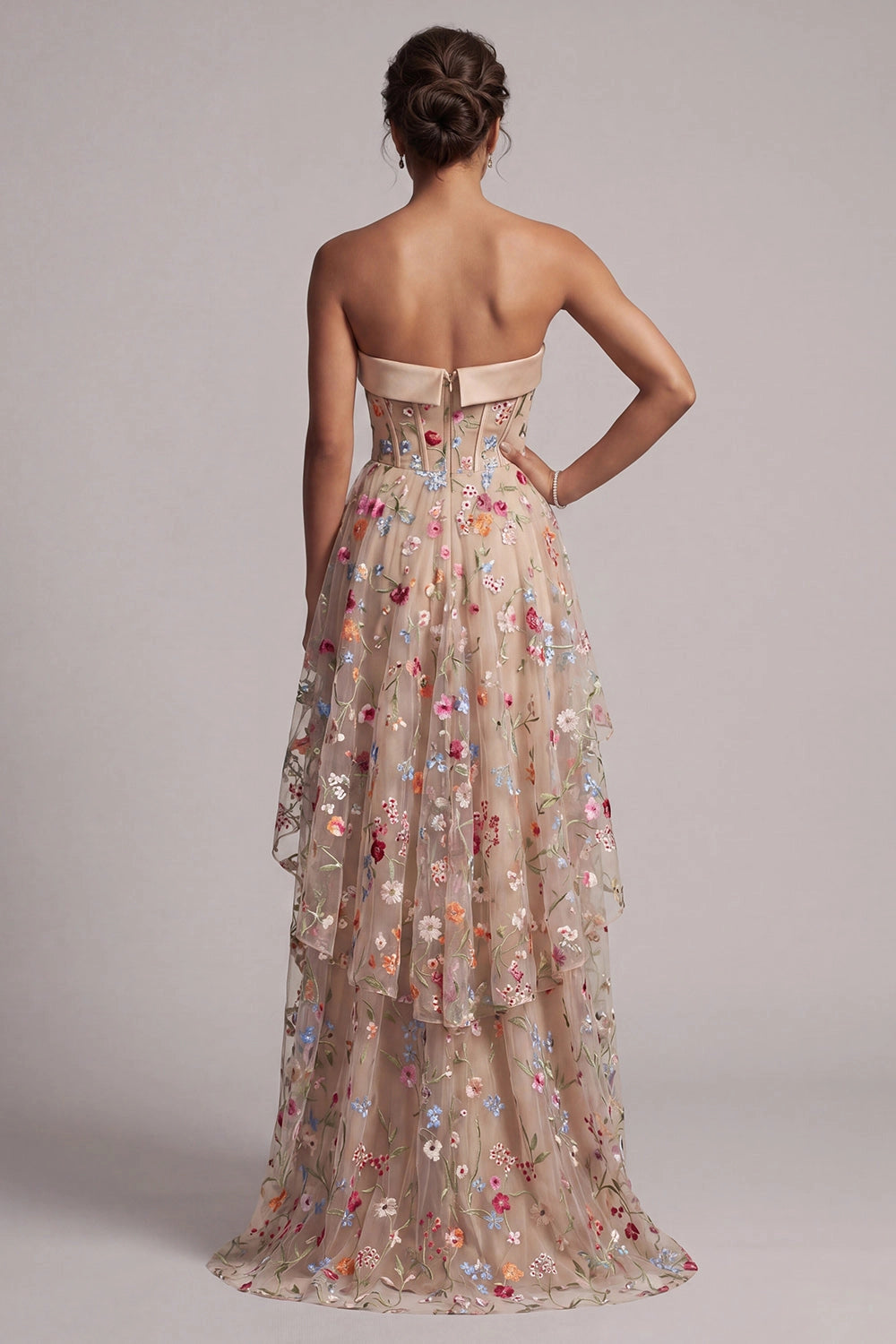 Vedress boned bodice zipper back tiered ruffle mother of the bride evening gown back view