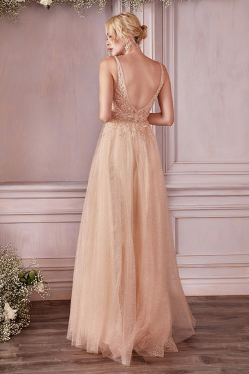 Beaded A Line V Neck Spaghetti Strap Low Back Long Bridesmaid Dress