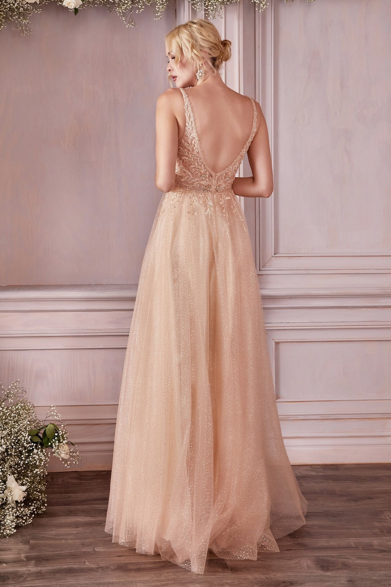 Beaded A Line V Neck Spaghetti Strap Low Back Long Bridesmaid Dress