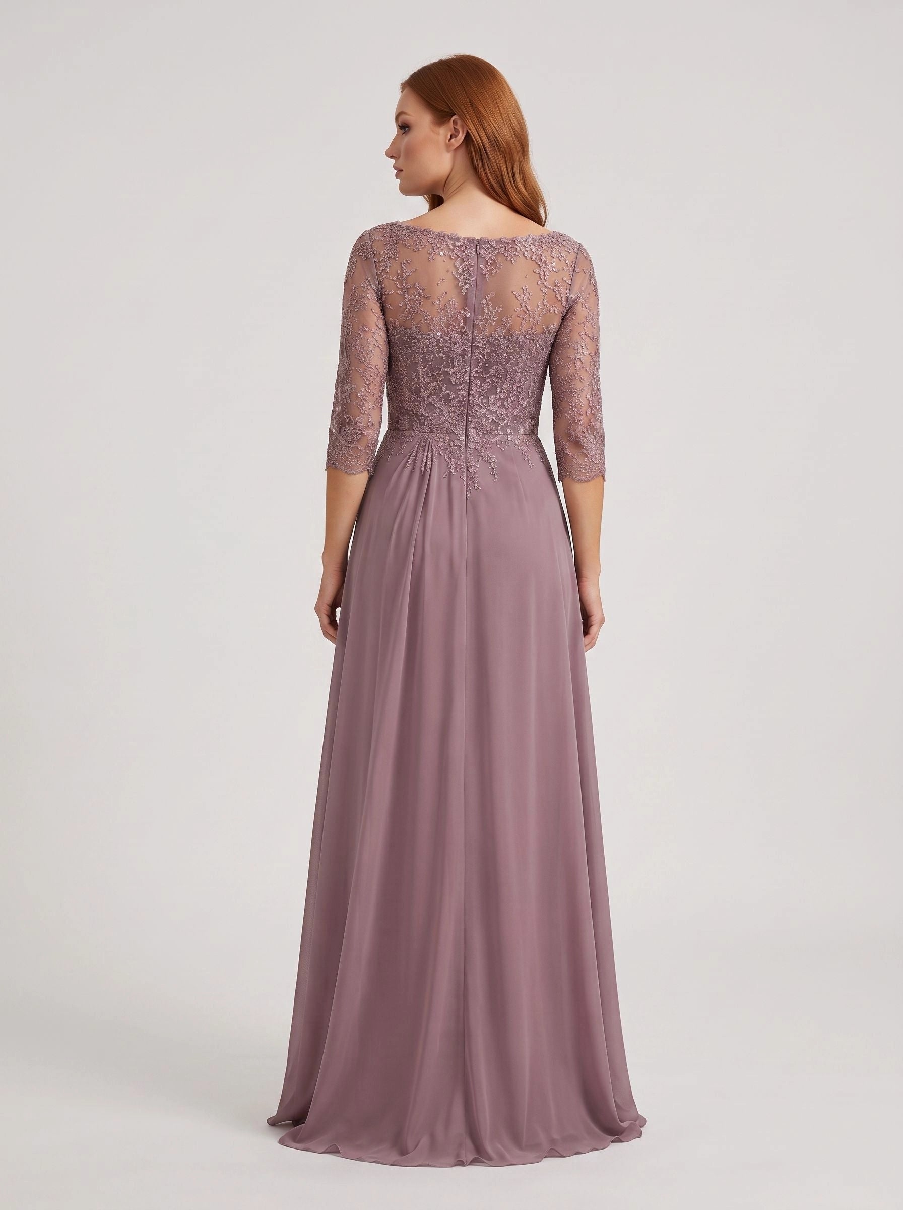 Zip‑back bateau neck lace illusion back dusty mauve formal mother of bride dress
