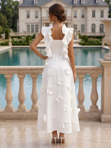 Back view Vedress white mother of the groom dress,concealed zipper back,3d flower details
