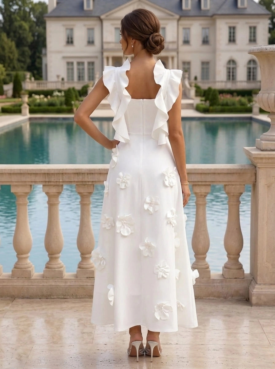 Back view Vedress white mother of the groom dress,concealed zipper back,3d flower details