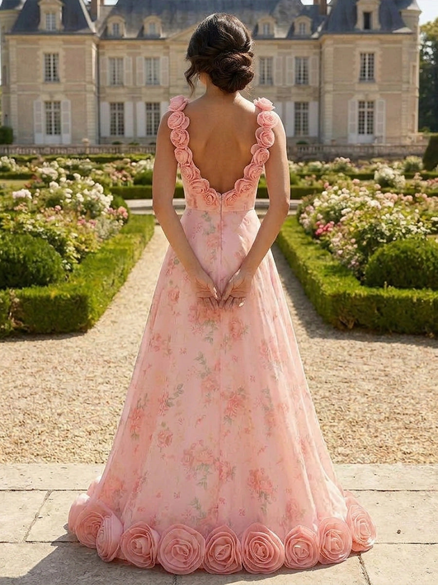 Back‑view Vedress U‑shaped open back floral wedding dress with rose hem trim