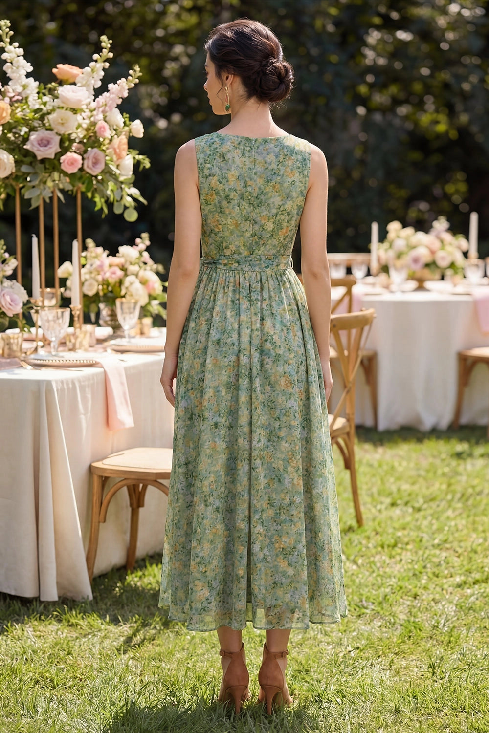 Green Watercolor Floral Chiffon Sleeveless V Neck Wrap Midi Wedding Guest Dress