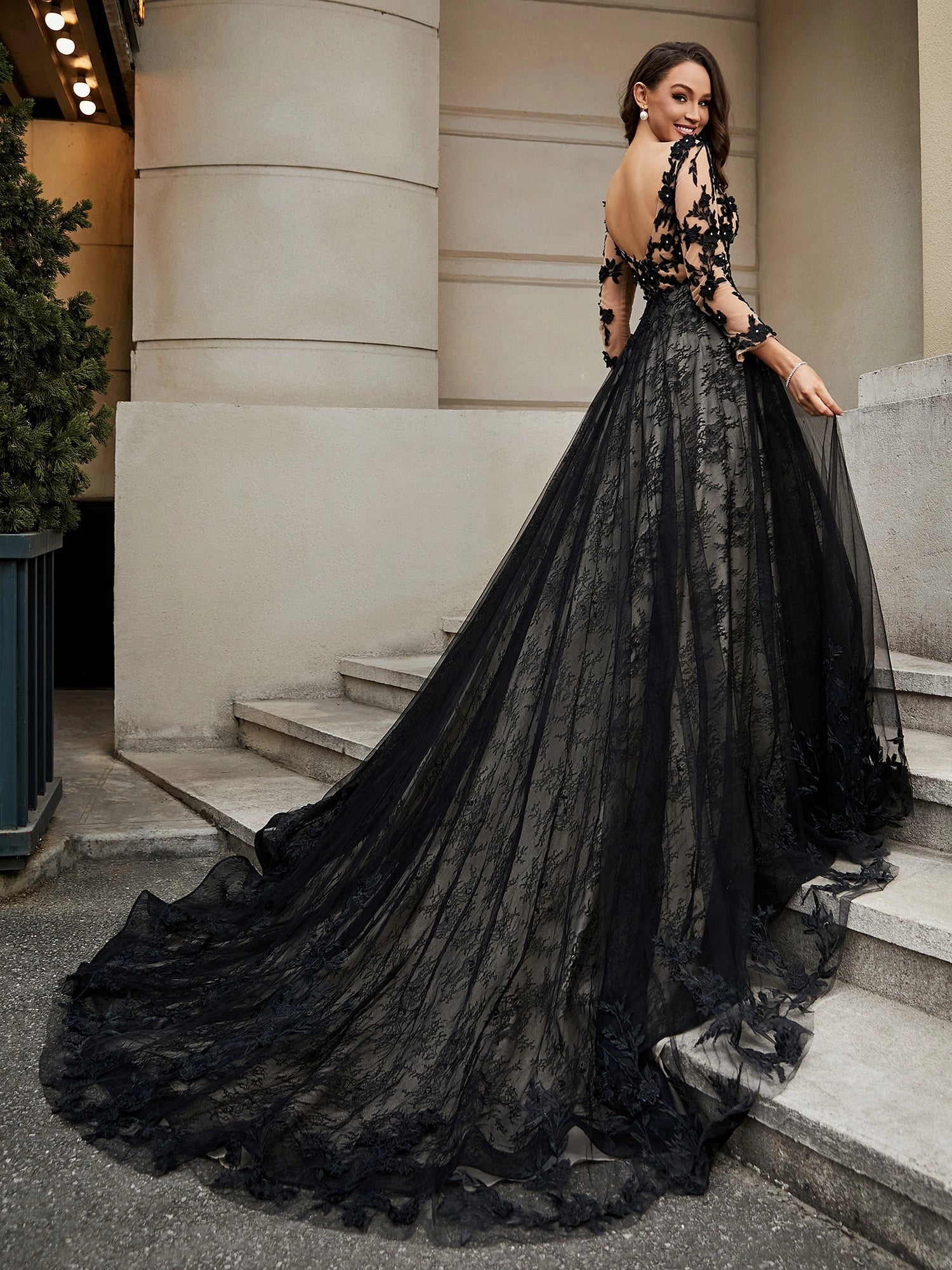 Gothic A-Line Long Sleeve Zip Back Black Lace Wedding Dress With Cathedral Train