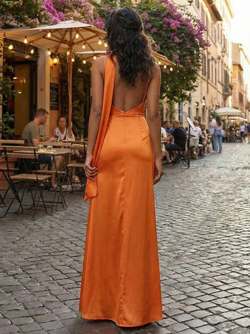Vedress orange satin spaghetti strap choker tie low back high slit long bridesmaid gown
