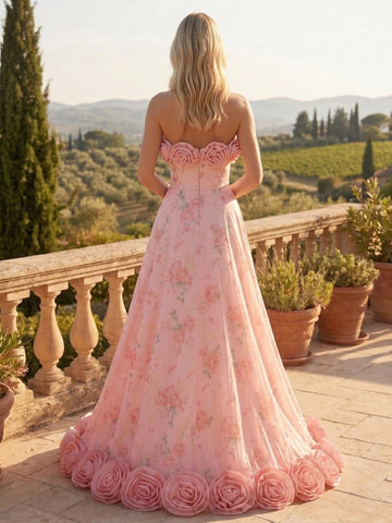 Back‑view Vedress concealed zip‑back floral bridal dress with rose hem decoration