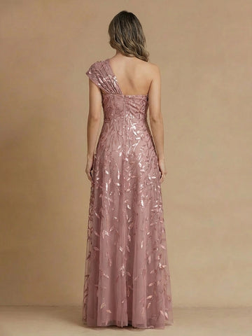 Zip‑back one‑shoulder tulle sequin long formal mother of bride gown outdoor wedding