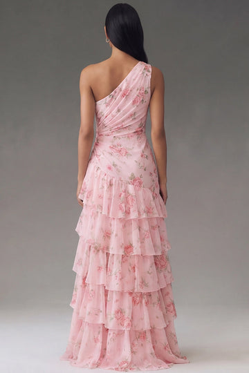 Light Pink Floral Chiffon One Shoulder Twist Tiered Ruffle Slit Maxi Bridesmaid Dress