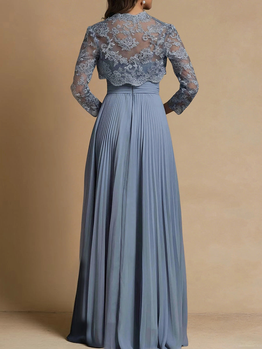 Vedress Pleated Chiffon Gown With Lace Jacket Back View Zipper Mother Of The Bride Outfit