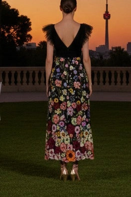 Black A-line V Neck Ruffle Sleeve Ankle Length Floral Mother of Bride Dress
