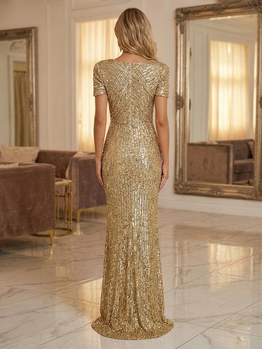 Vedress zipper‑back shiny gold sequin long formal evening gown back view