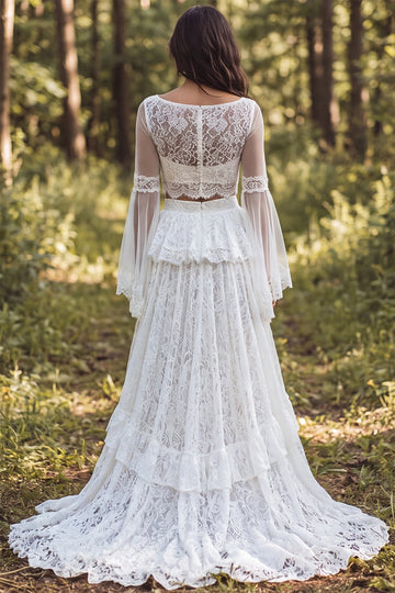 Vedress zip back sheer lace two piece bridal gown long sleeve high slit forest train view