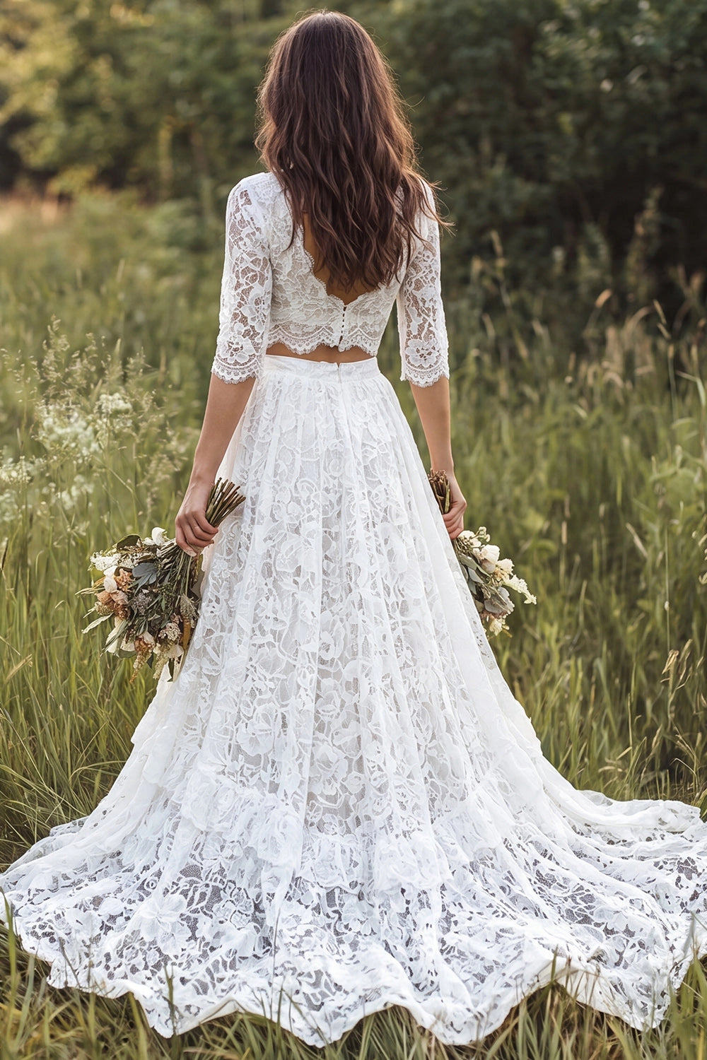Vedress v back zip two piece lace wedding dress cropped top tiered sweep train grassland backdrop