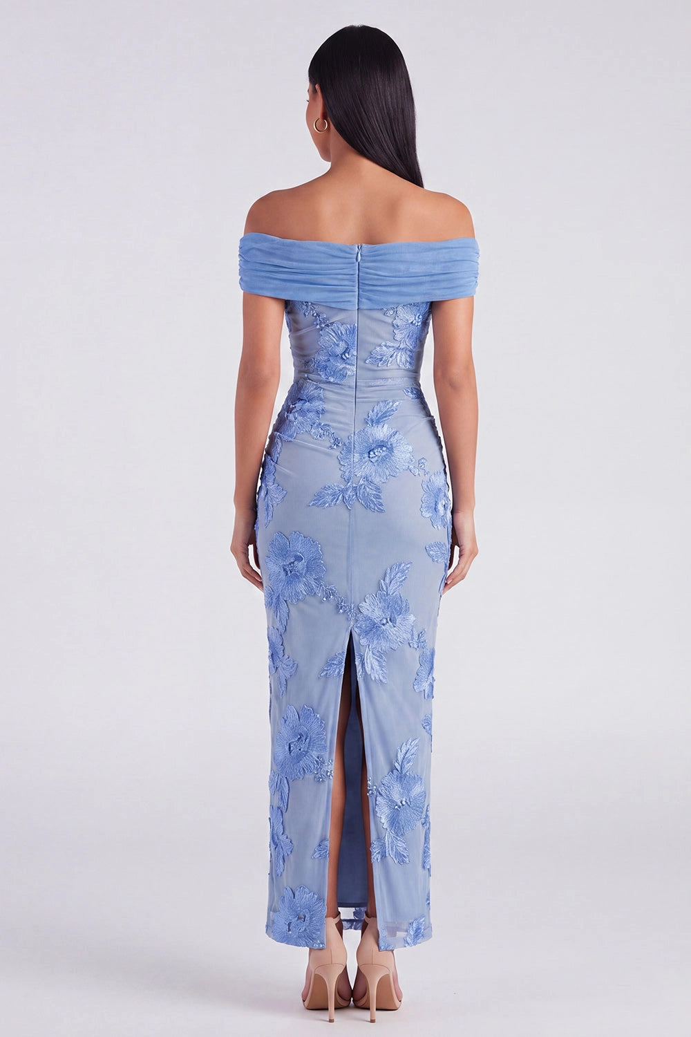 Embroidered Sheath Off-shoulder Sleeveless Zip Back Maxi Wedding Guest Dress
