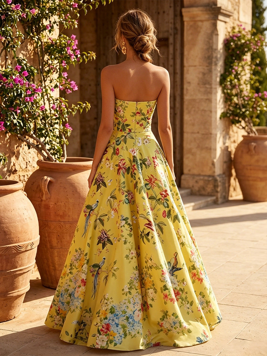 Back view of Vedress zip‑back strapless floral satin formal prom gown
重