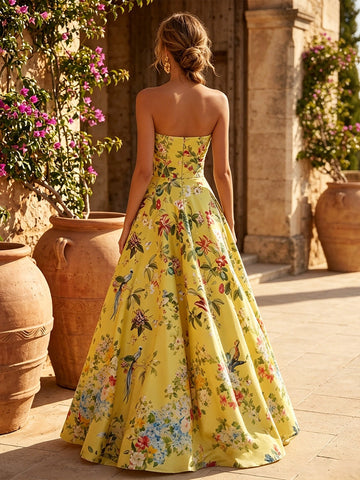 Back view of Vedress zip‑back strapless floral satin formal prom gown
重
