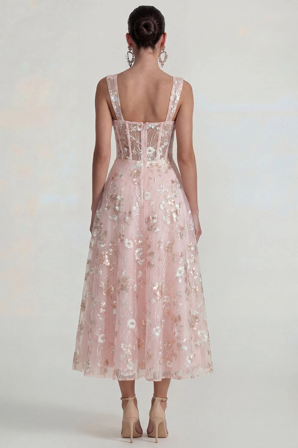 Blush Floral A-Line Square Neck Sleeveless Sheer Corset Back Midi Prom Dress