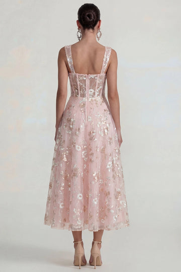 Blush Floral A-Line Square Neck Sleeveless Sheer Corset Back Midi Prom Dress