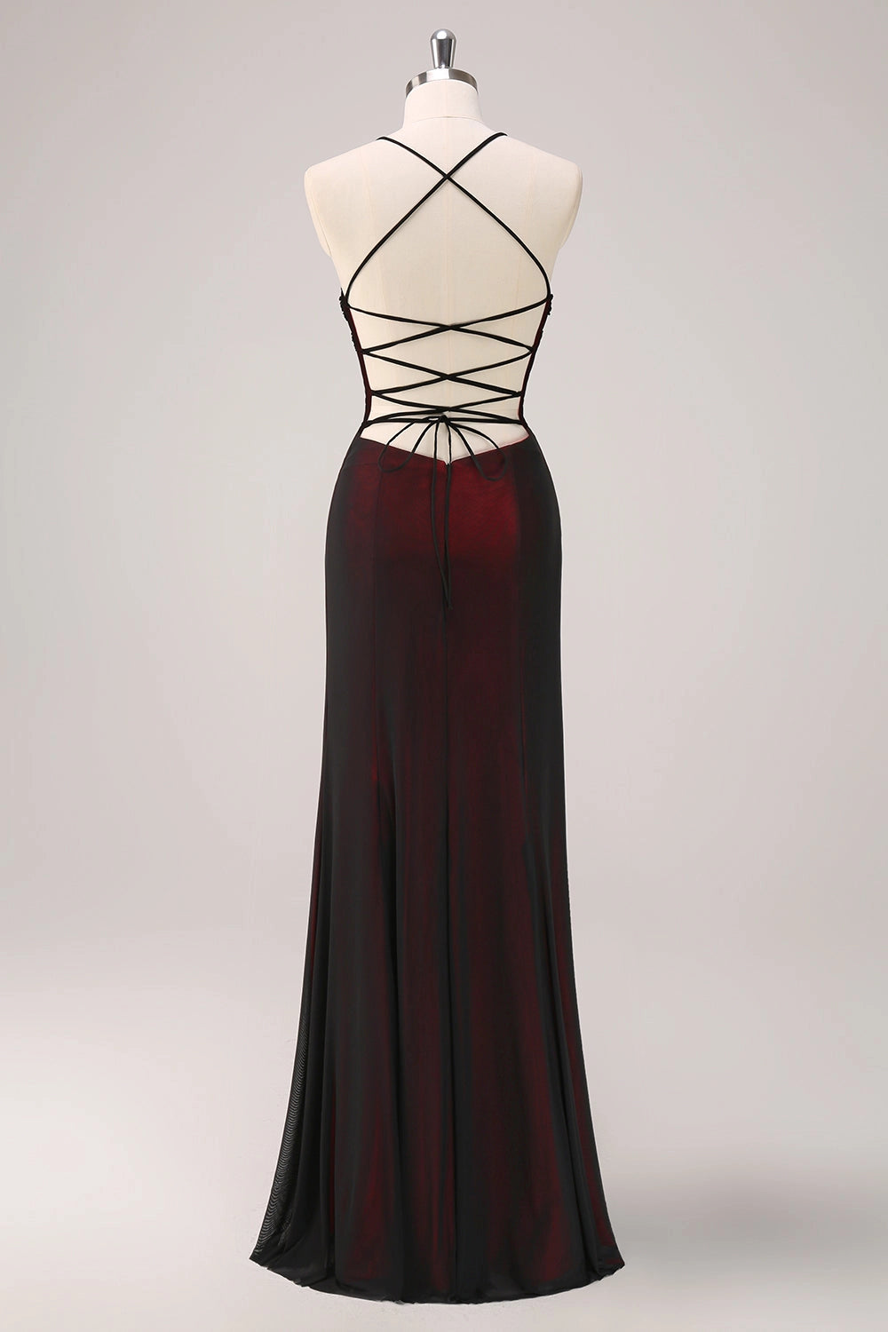 Vedress wine red satin lace up crisscross back formal evening gown rear view