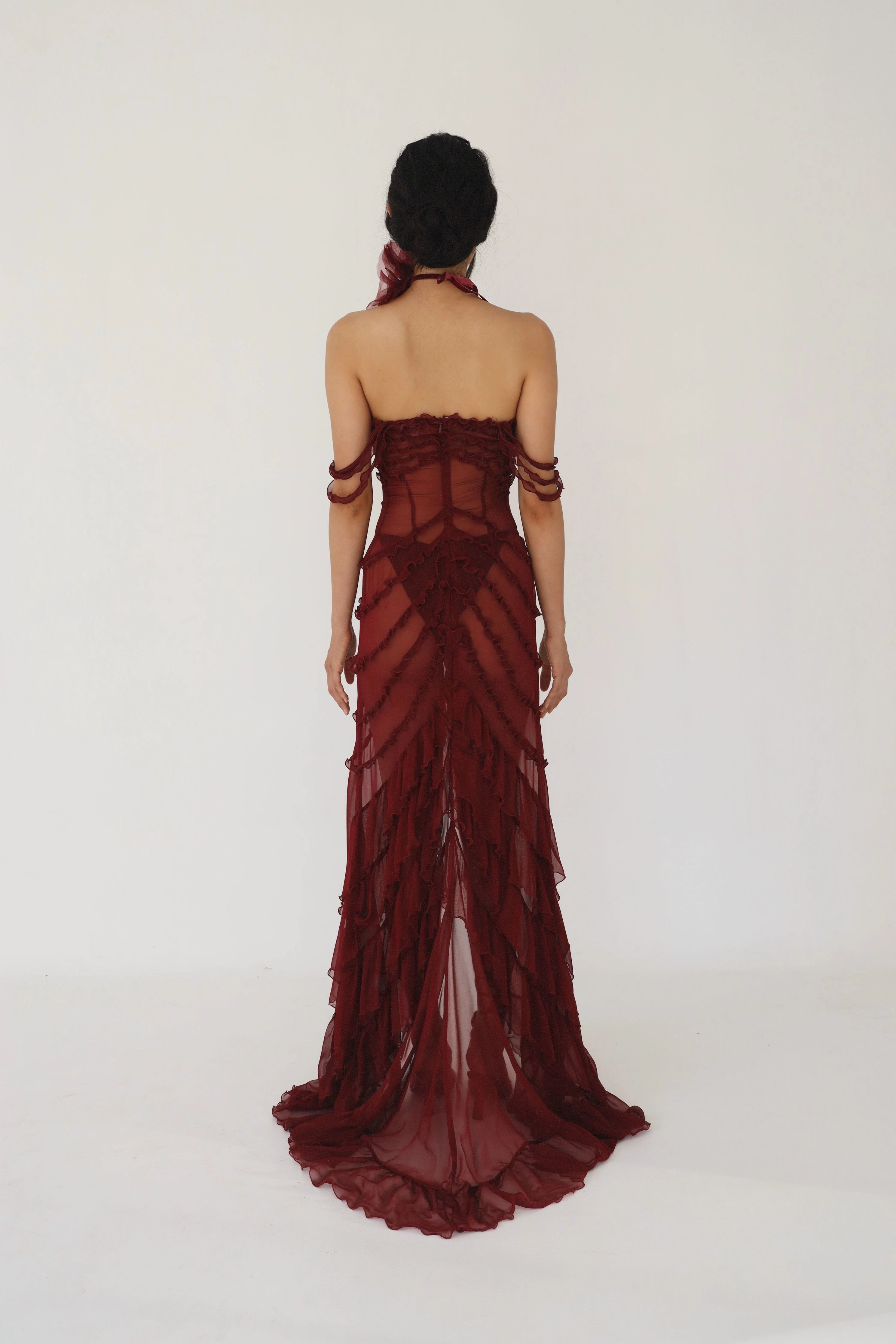 Back view Vedress corset sheer open‑back layered ruffle long‑train prom gown