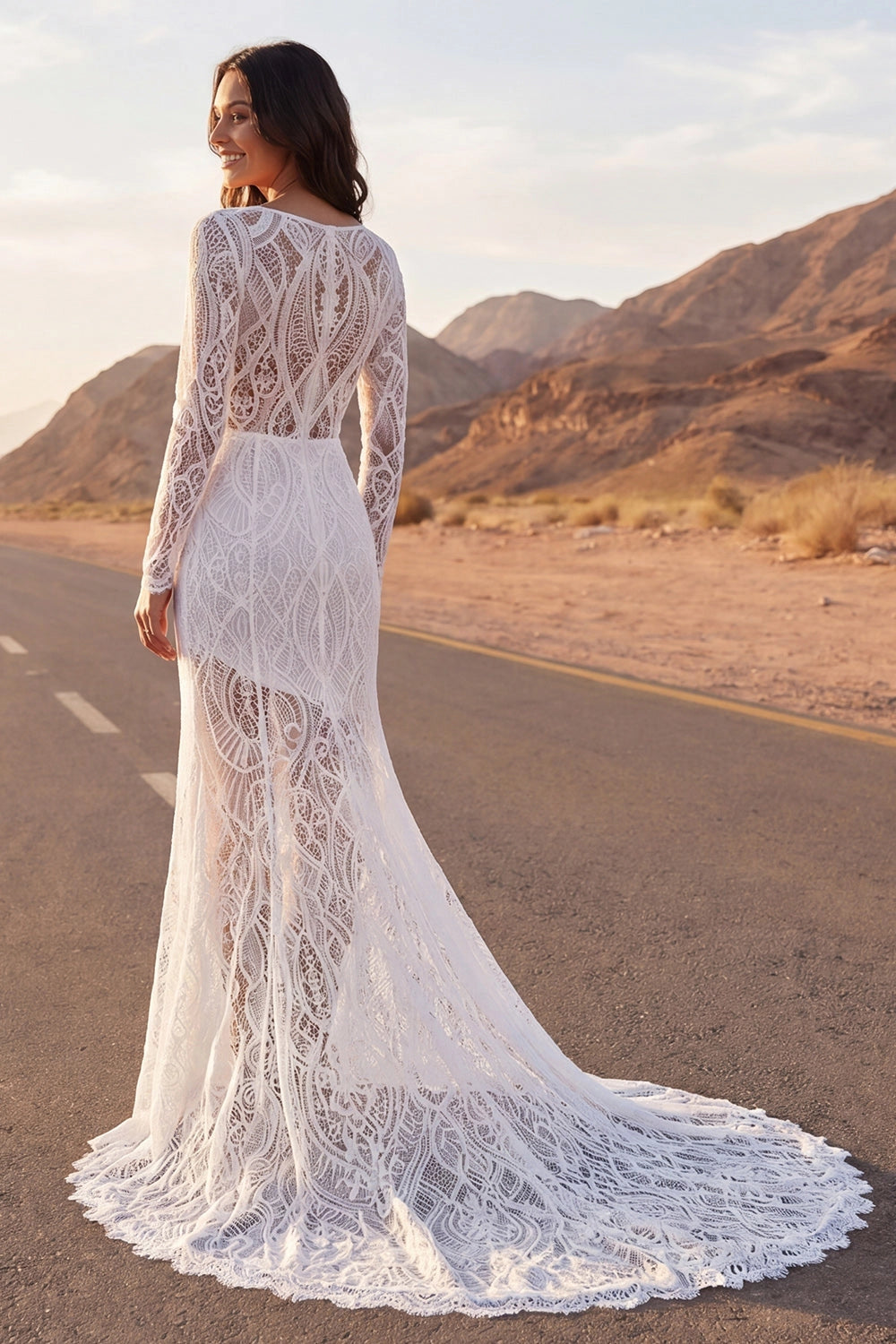 Vedress sheer open back lace mermaid bridal gown long train back view desert scenery