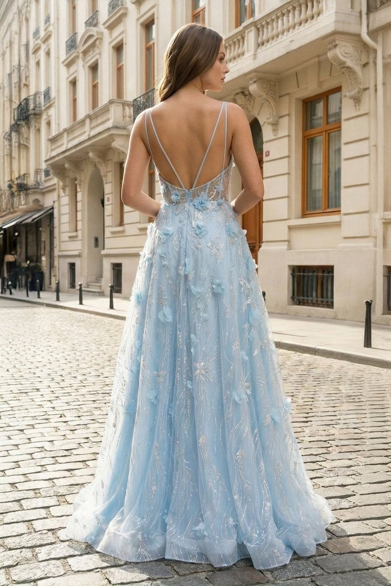 Spaghetti Strap Deep V Neck 3D Floral Appliqué Sheer Boned Corset Tulle A-Line Floor Length Prom Evening Gown