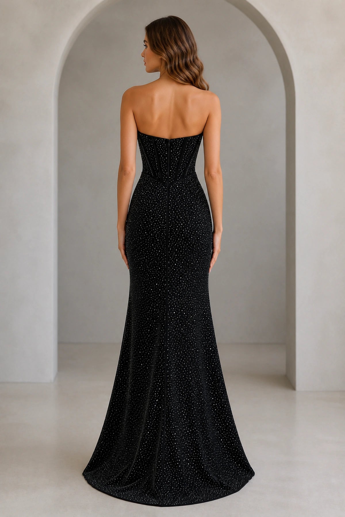 Back view Vedress glitter formal dress,solid closed zip‑back,fitted floor‑length mermaid skirt