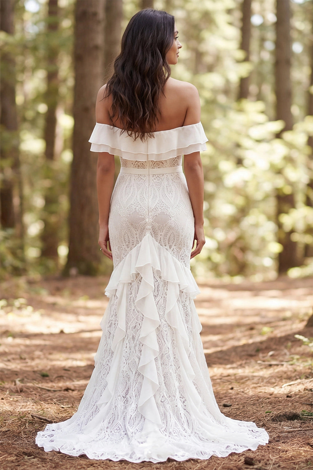 Vedress zip back tiered ruffle lace mermaid bridal gown sweep train forest outdoor backdrop