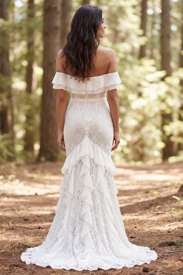 Vedress zip back tiered ruffle lace mermaid bridal gown sweep train forest outdoor backdrop