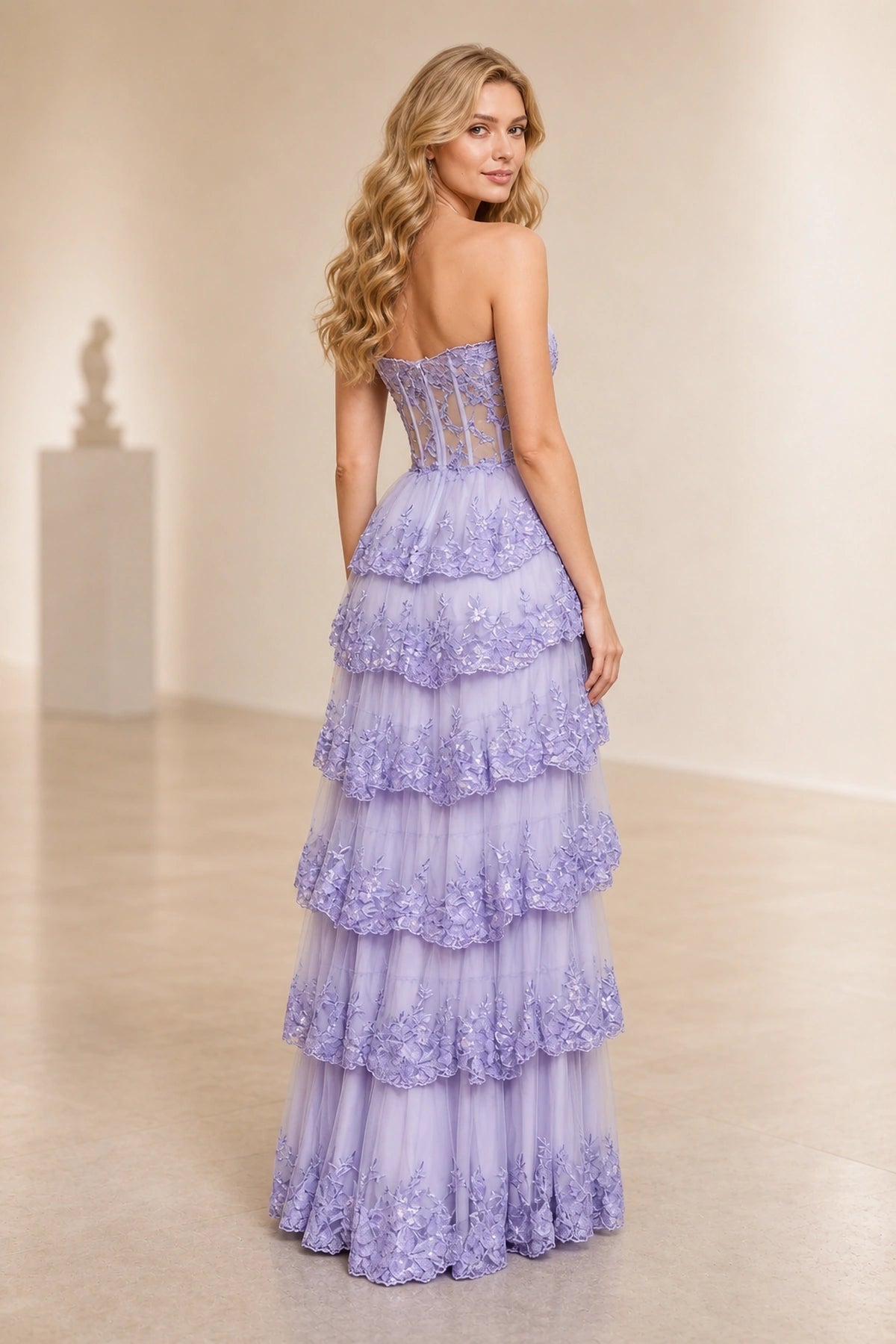Vedress purple tiered evening gown,back view strapless sheer corset,hidden zipper closure,layered tulle skirt,clean white indoor backdrop
