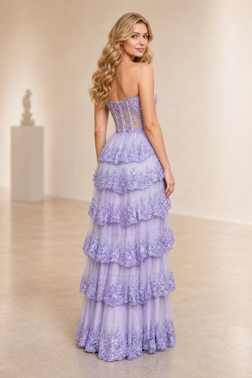 Vedress purple tiered evening gown,back view strapless sheer corset,hidden zipper closure,layered tulle skirt,clean white indoor backdrop
