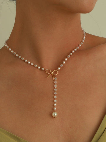 Gold-Tone Pearl Bow Y-Drop Necklace