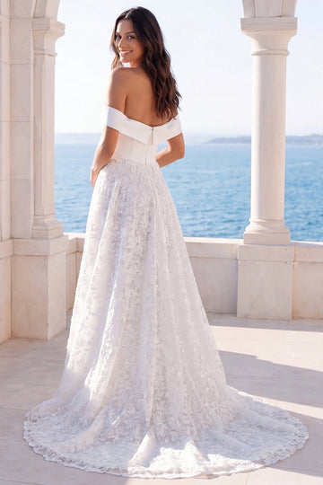 Minimalist Satin A-Line Off Shoulder Zip Back Floral Lace Train Wedding Dress