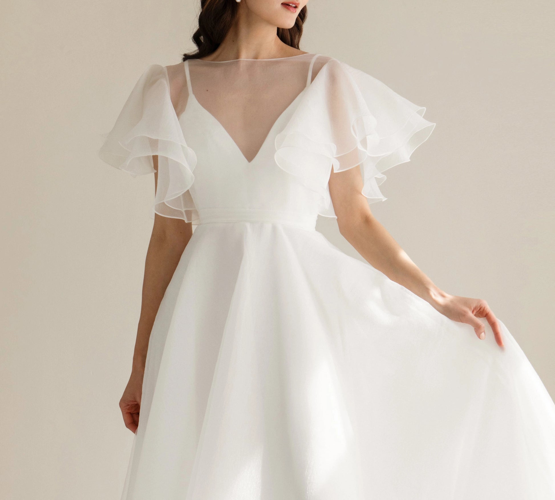 Sheer Boat Neck A-Line Flutter Sleeve Open Back Chapel Train Simple Wedding Bridal Gown