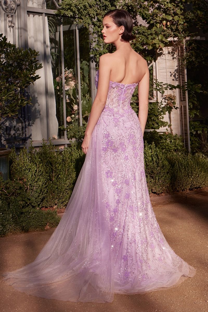 Lilac Strapless Beaded Floral Mermaid Gown with High Slit & Tulle Train - Glamorous Formal Evening Dress