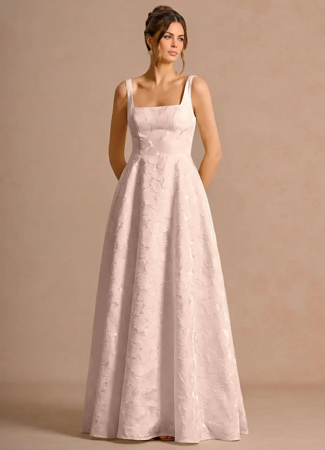 Elegant A-line Square Sleeveless Jacquard Maxi Lace-up Back Wedding Guest Dress