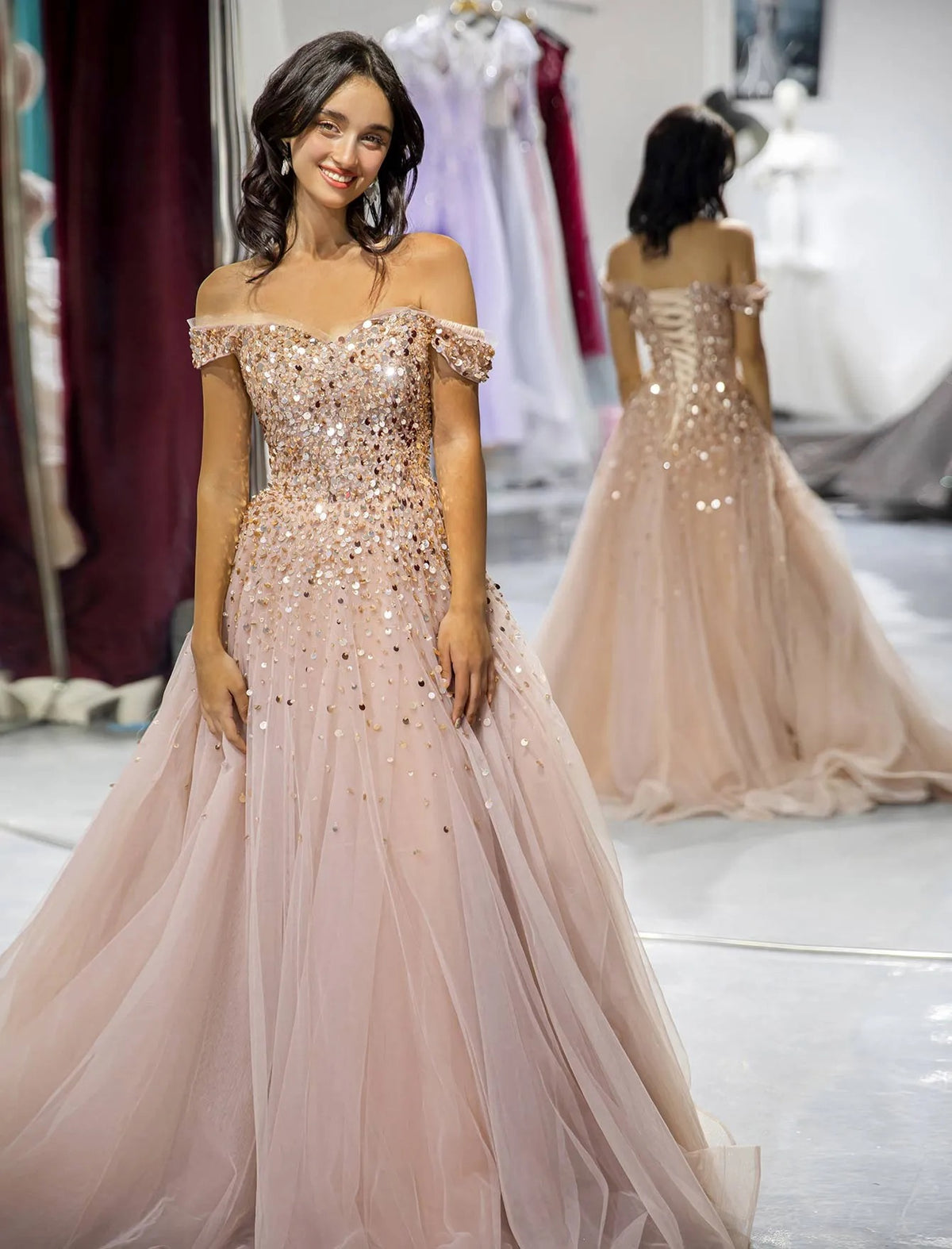 Blush A-line Off Shoulder Sequin Tulle Long Evening Dress