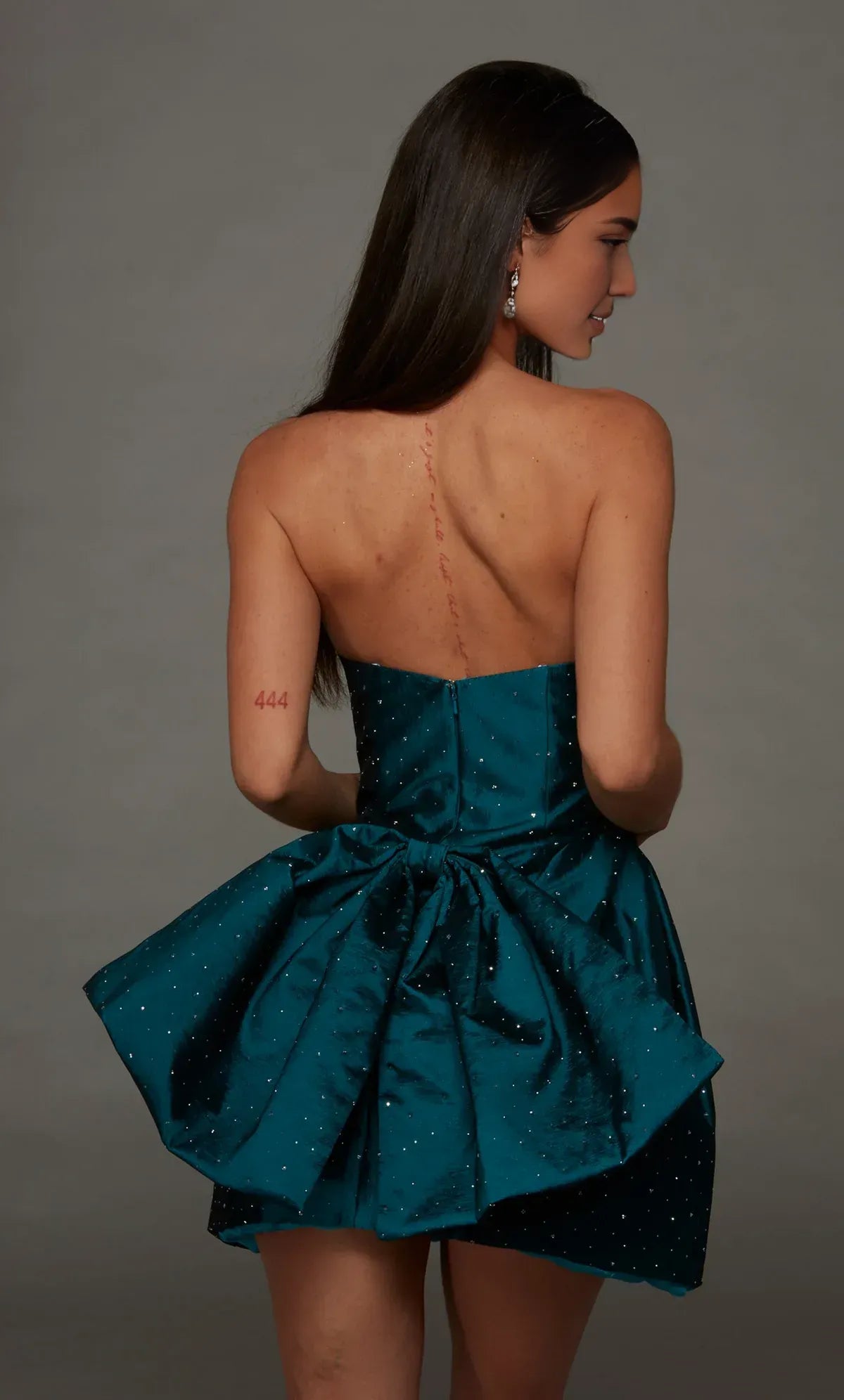 Glamorous Fit & Flare Sweetheart Shimmer Satin Rhinestone Embellished Bow Back Homecoming Dress