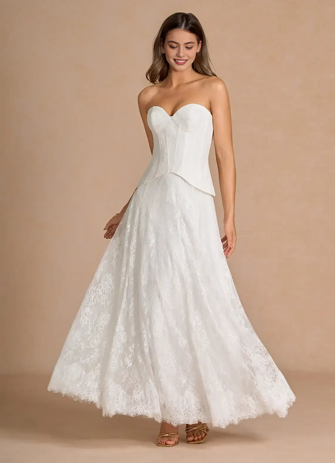 Romantic Column Sweetheart Strapless Lace Evening Dress Floor Length Corset Back Bridal Gown