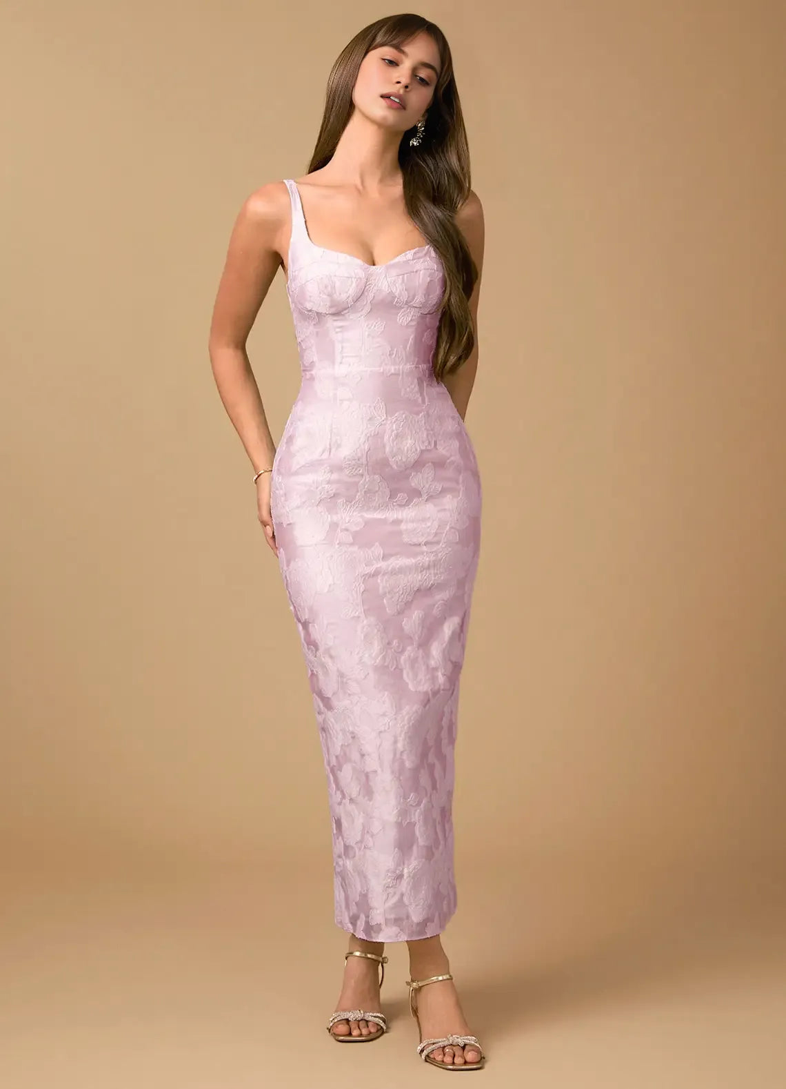 Sleek Sheath Mermaid Spaghetti Strap Jacquard Midi Back Slit Formal Evening Dress
