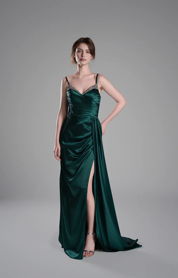 Luxury Mermaid V-Neck Sleeveless Satin Floor Length Beaded Slit Evening Dress