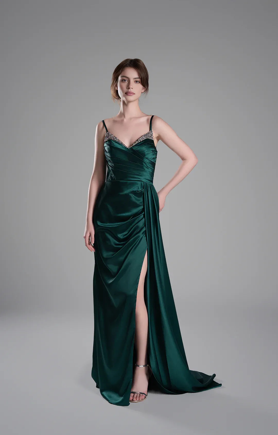 Luxury Mermaid V-Neck Sleeveless Satin Floor Length Beaded Slit Evening Dress