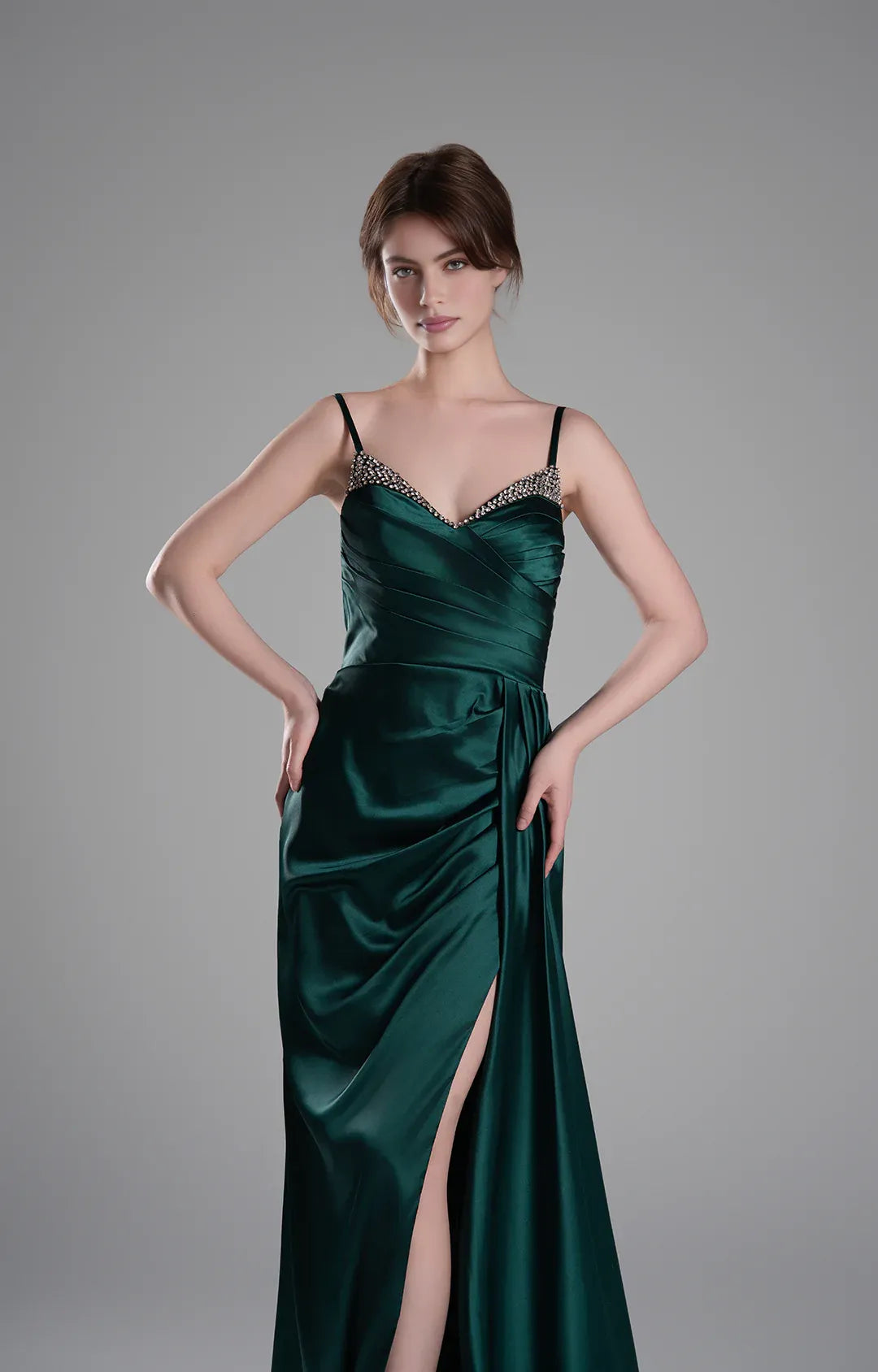 Luxury Mermaid V-Neck Sleeveless Satin Floor Length Beaded Slit Evening Dress