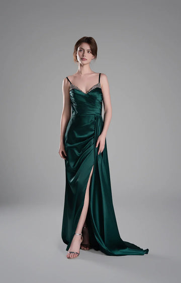 Luxury Mermaid V-Neck Sleeveless Satin Floor Length Beaded Slit Evening Dress