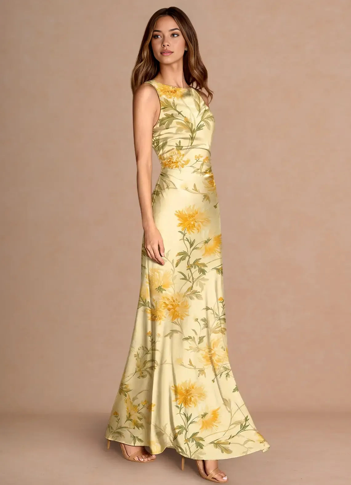 Elegant Mermaid Boat Sleeveless Printed Satin Floor Length Cross Back Ruched Party Dress